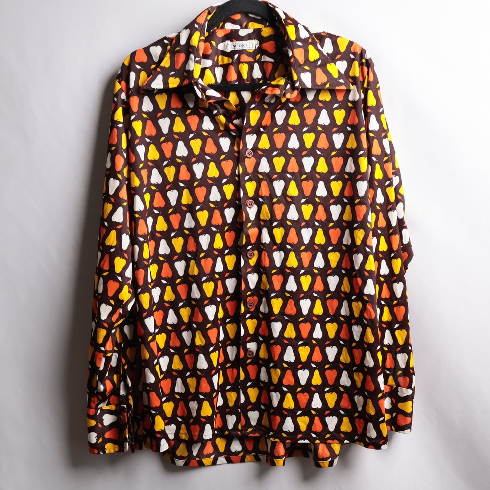 Medici VTG 70s Disco Pear Fruit Print Button Up Top Brown Orange 2XL Long Sleeve
